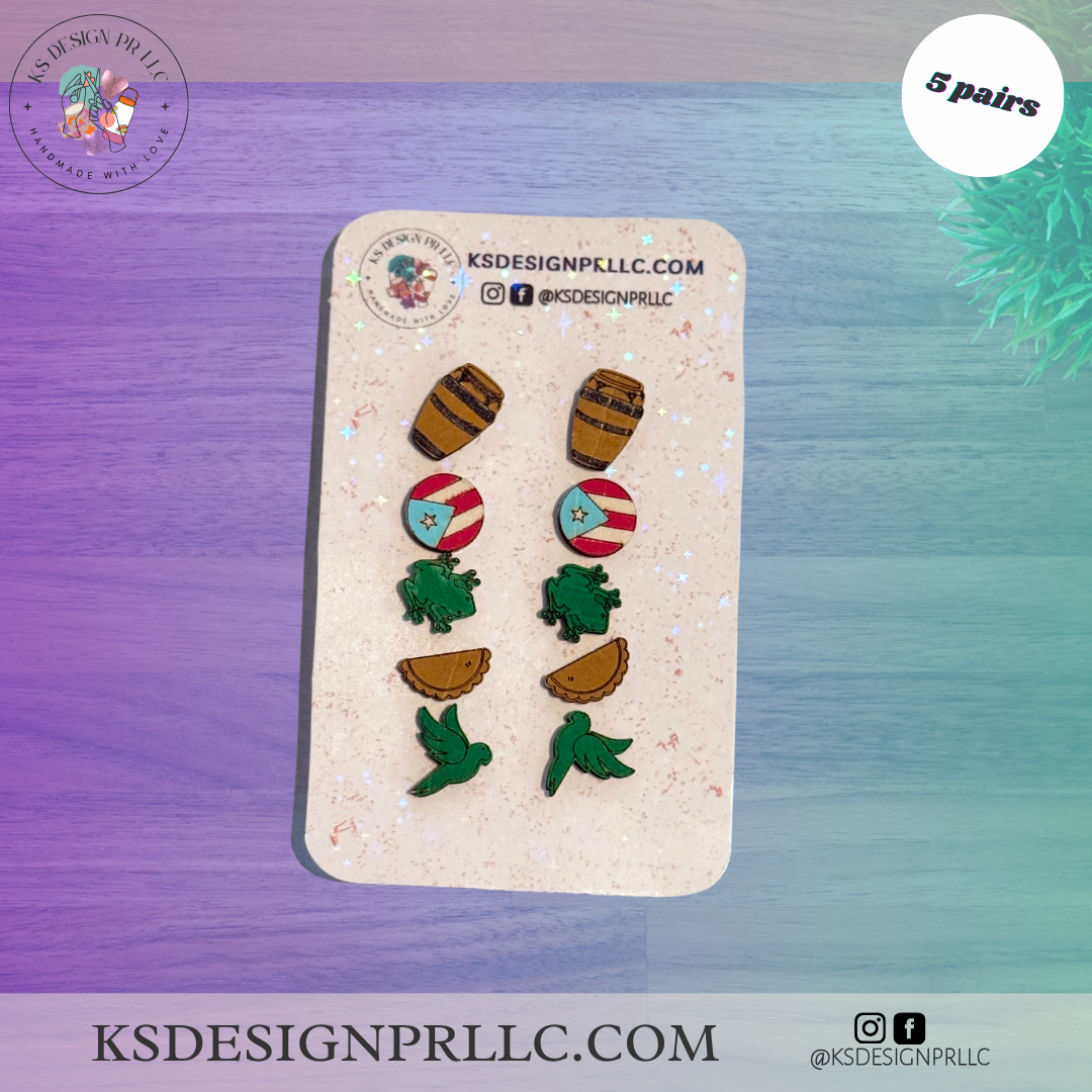 5 Pairs Wood Puerto Rico Stud Earrings