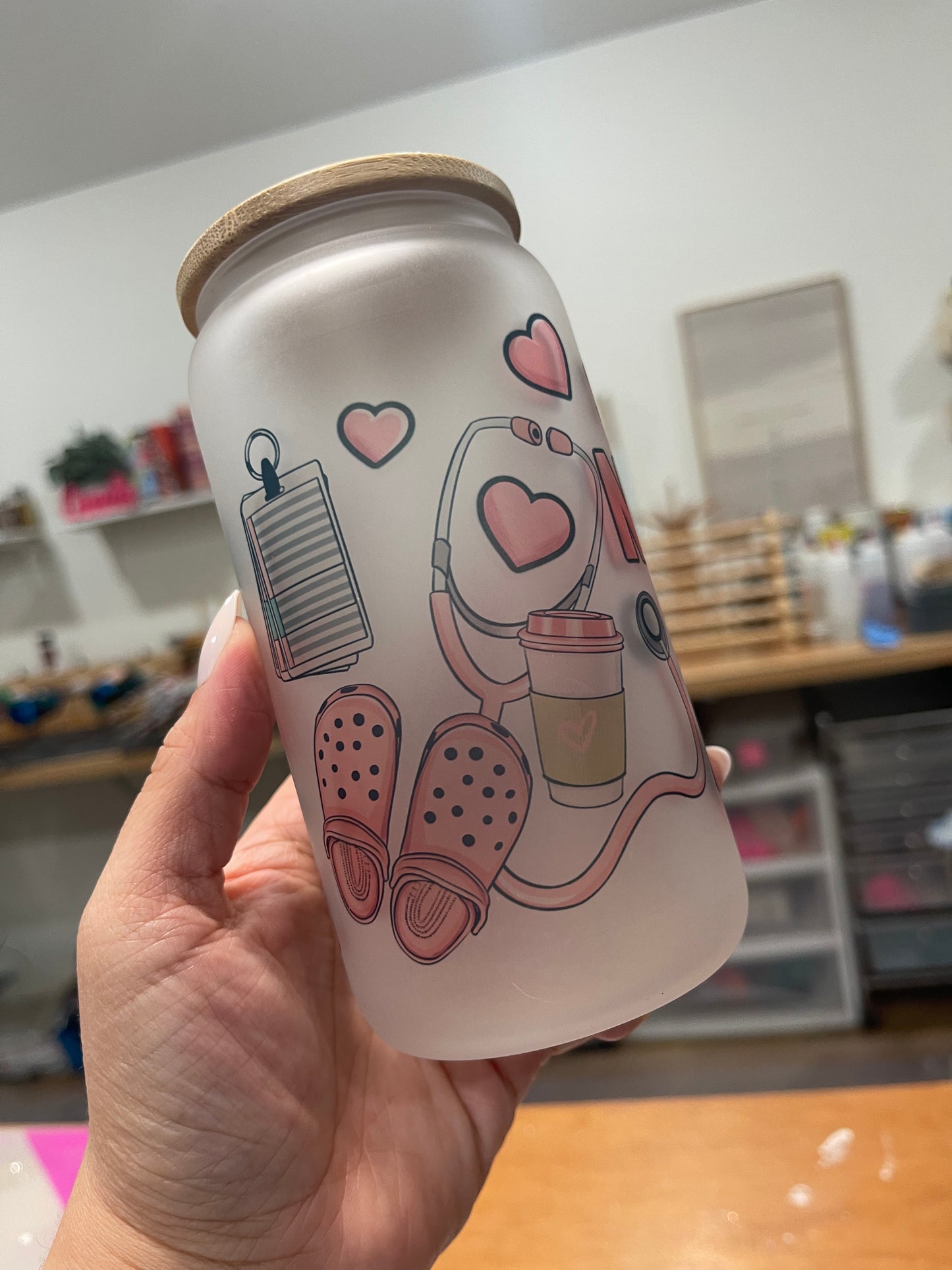 Nurse Hearts Themed Glass Can