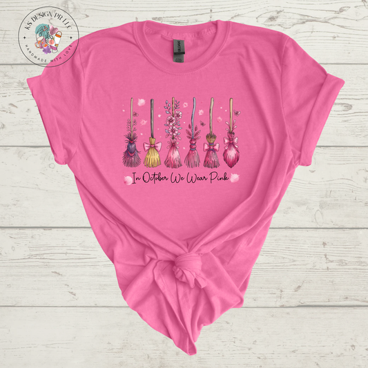 In October We Wear Pink Cute Brooms Halloween Custom Shirt