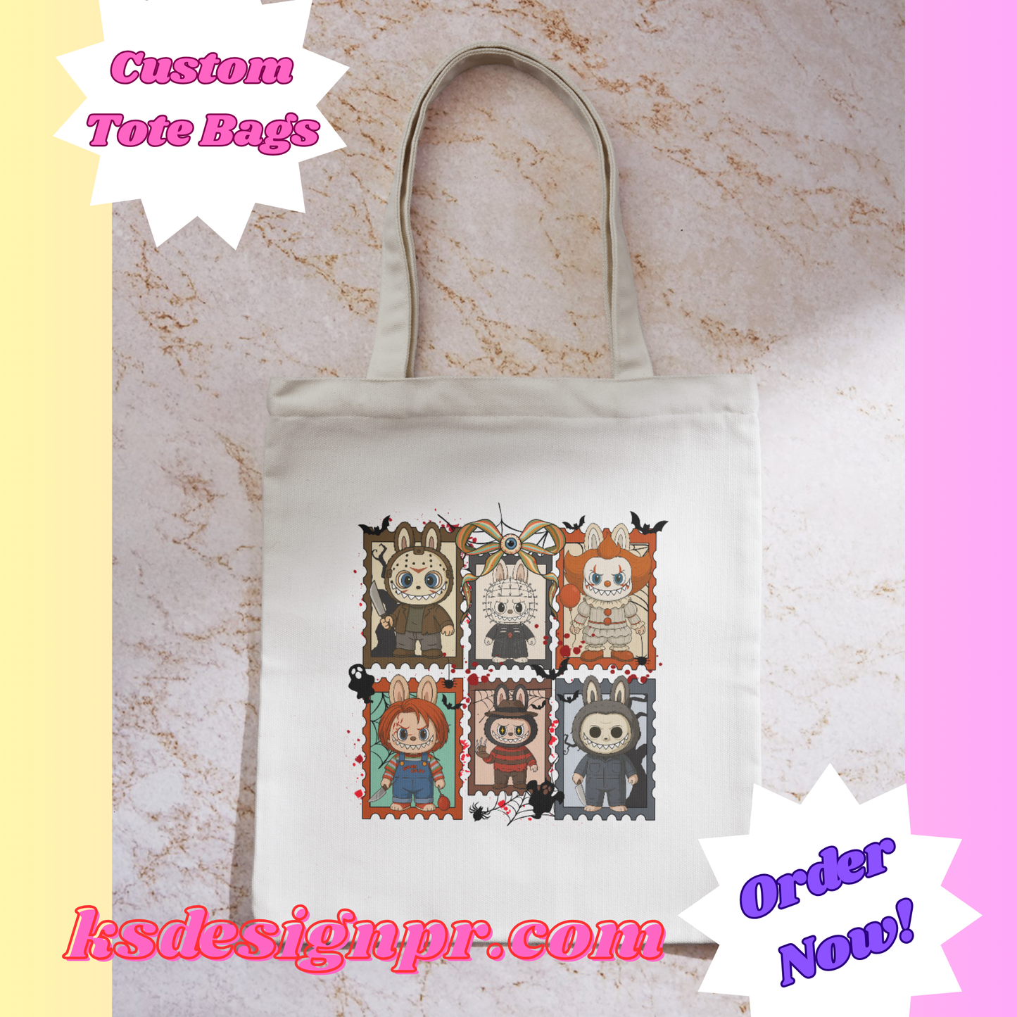 Spooky Movie Characters Labubu Halloween Custom Tote Bag