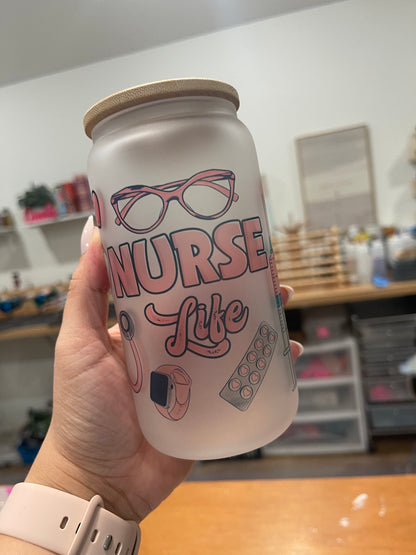 Nurse Hearts Themed Glass Can