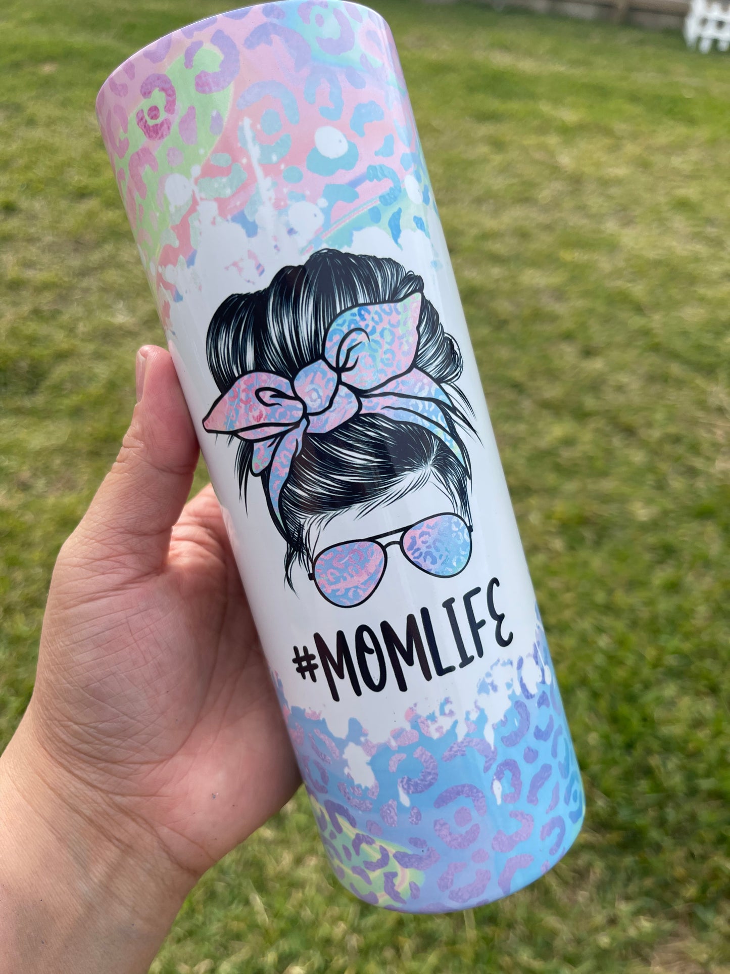 Mom Life/ Messy Bun Leopard Light Colors Custom Tumbler