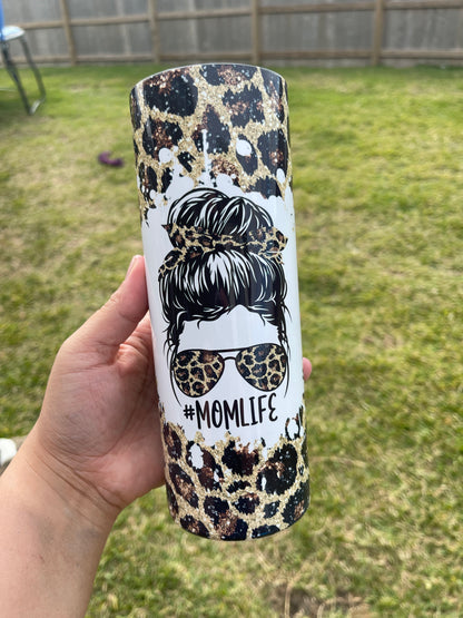 Mom Life/ Messy Bun Leopard Print Custom Tumbler